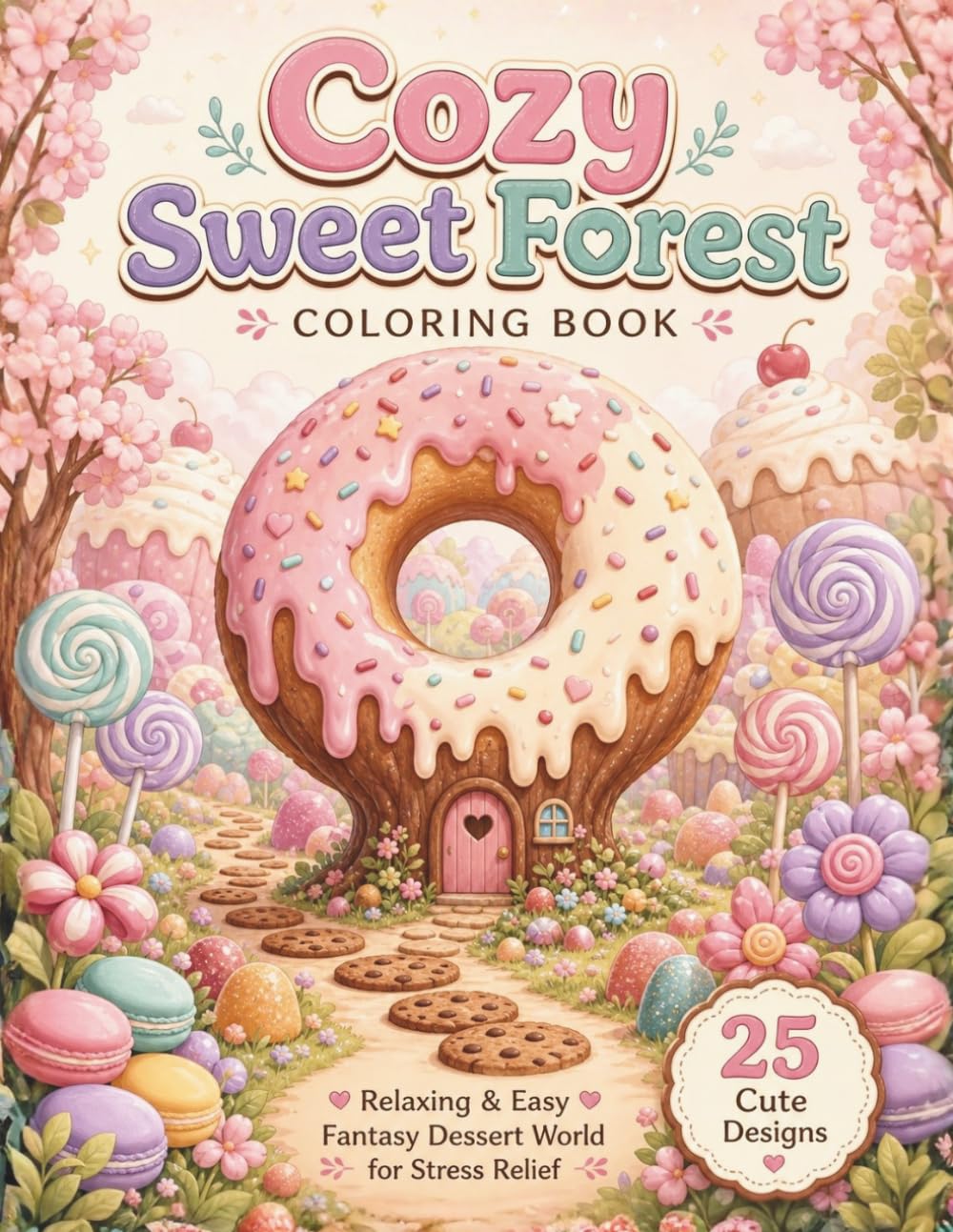 Cozy Sweet Forest Coloring Book: Cute and Relaxing Dessert Fantasy Coloring Pages with Donut Trees, Cupcake Hills, Candy Forests, and Sweet Treats