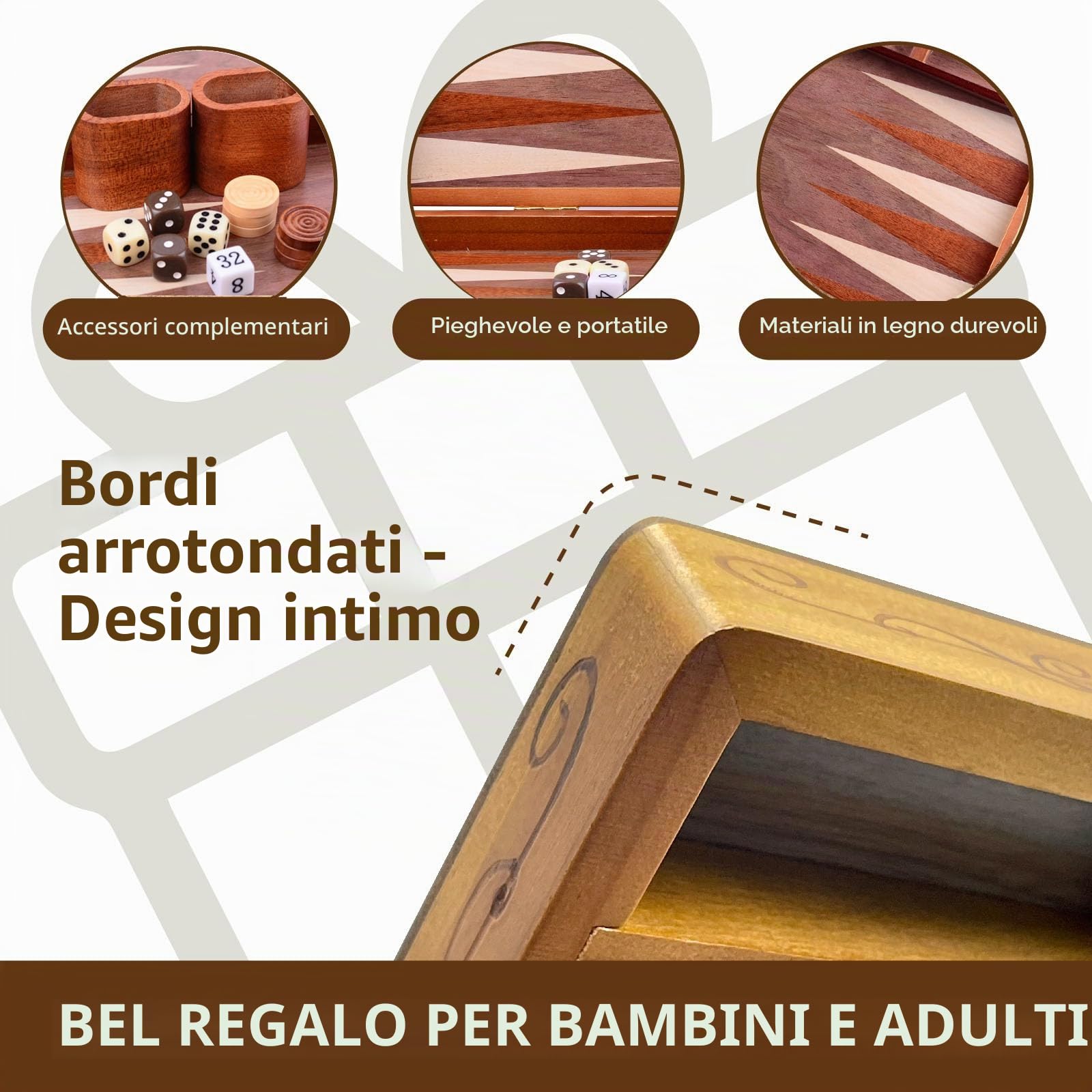 Syrace Set da Backgammon in legno intarsiato, classico portagiochi da tavolo strategico di grandi dimensioni da 40 cm, Backgammon con pedine Checkers per adulti e bambini