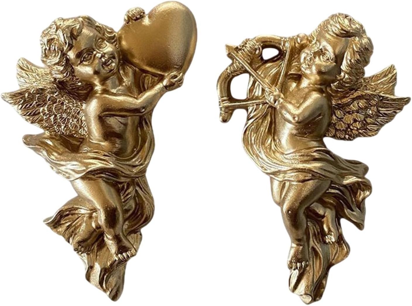 2Pcs Gold Resin Winged Angel Wall Sculptures Wall Hanging Adornment Cherub Cupid 5.3 inch Tall Adorable Angelic Figure Angel Figurines Crafts Vintage Ornament for Wedding Decor