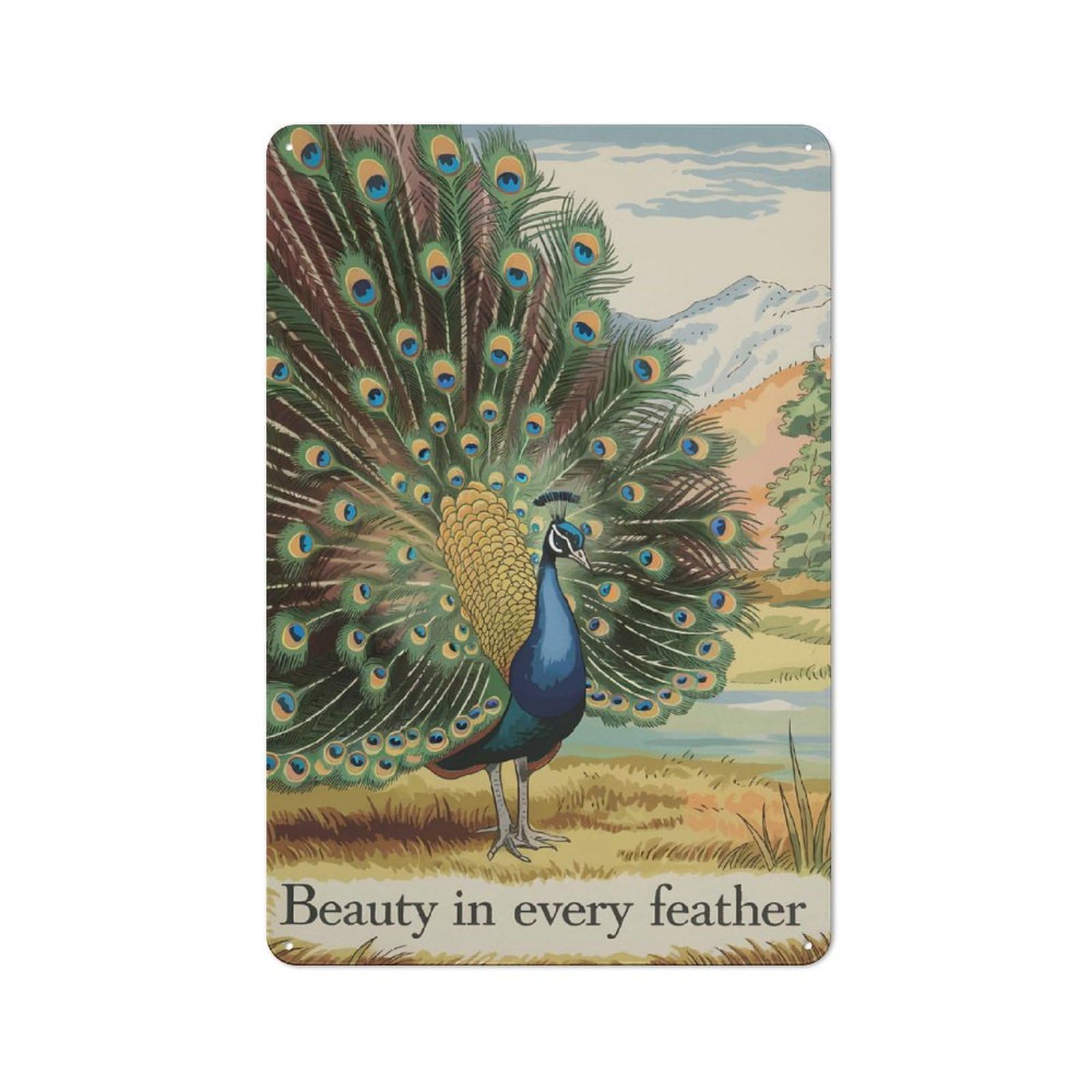 Tin Wall Plaque 30x20cm with Peacock with Spread Feathers for Café Or Home Bar, for Kitchen, Dining Room And Home Bar Wall Decor
