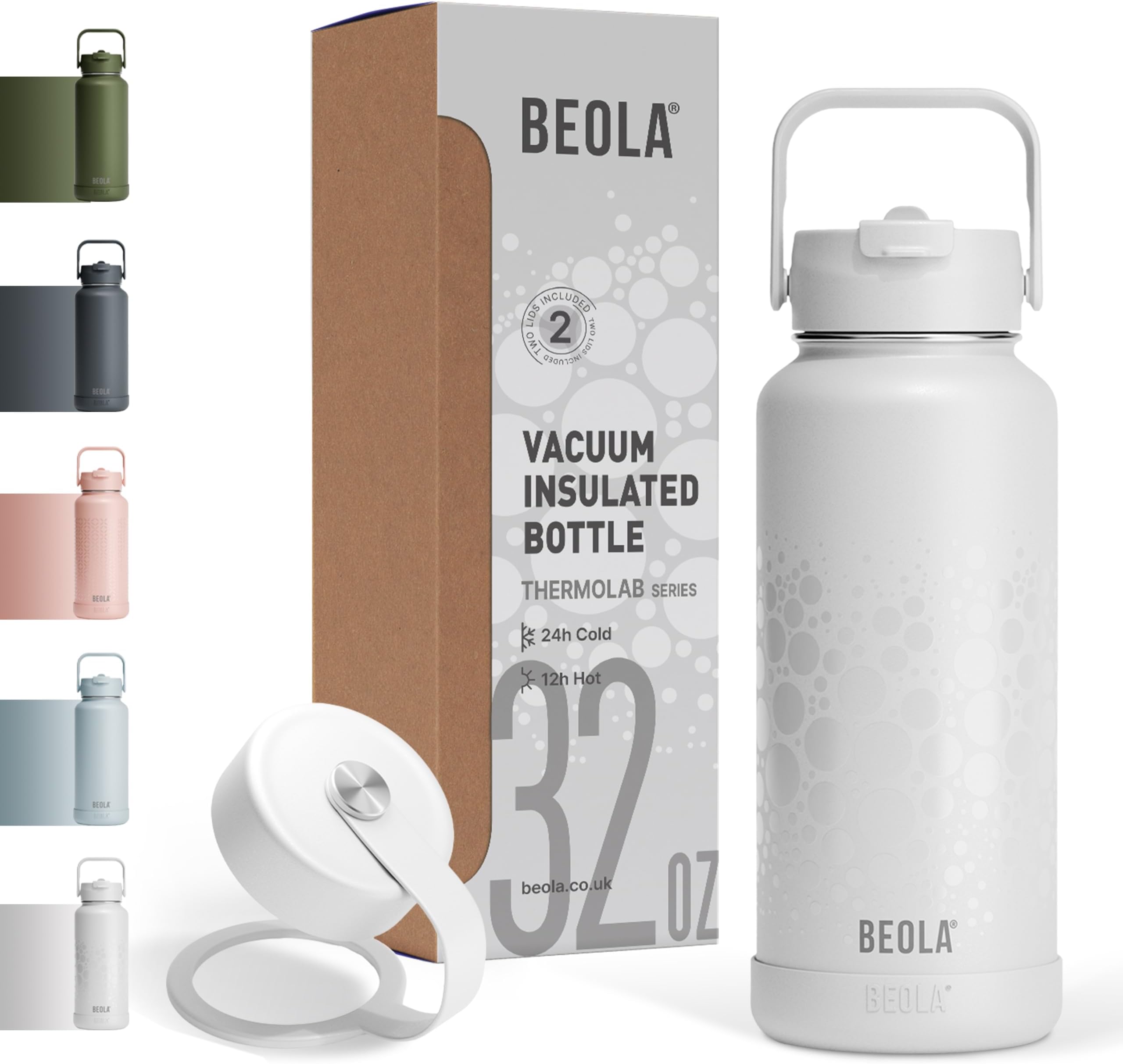 BEOLA 950ml Water Bottle 18/8 Stainless Steel 304 Double Wall Insulated Thermos Bottle with Straw Lid and wide mouth, 2 lids included, Hot Cold Liquids Sports Bottle, 32oz