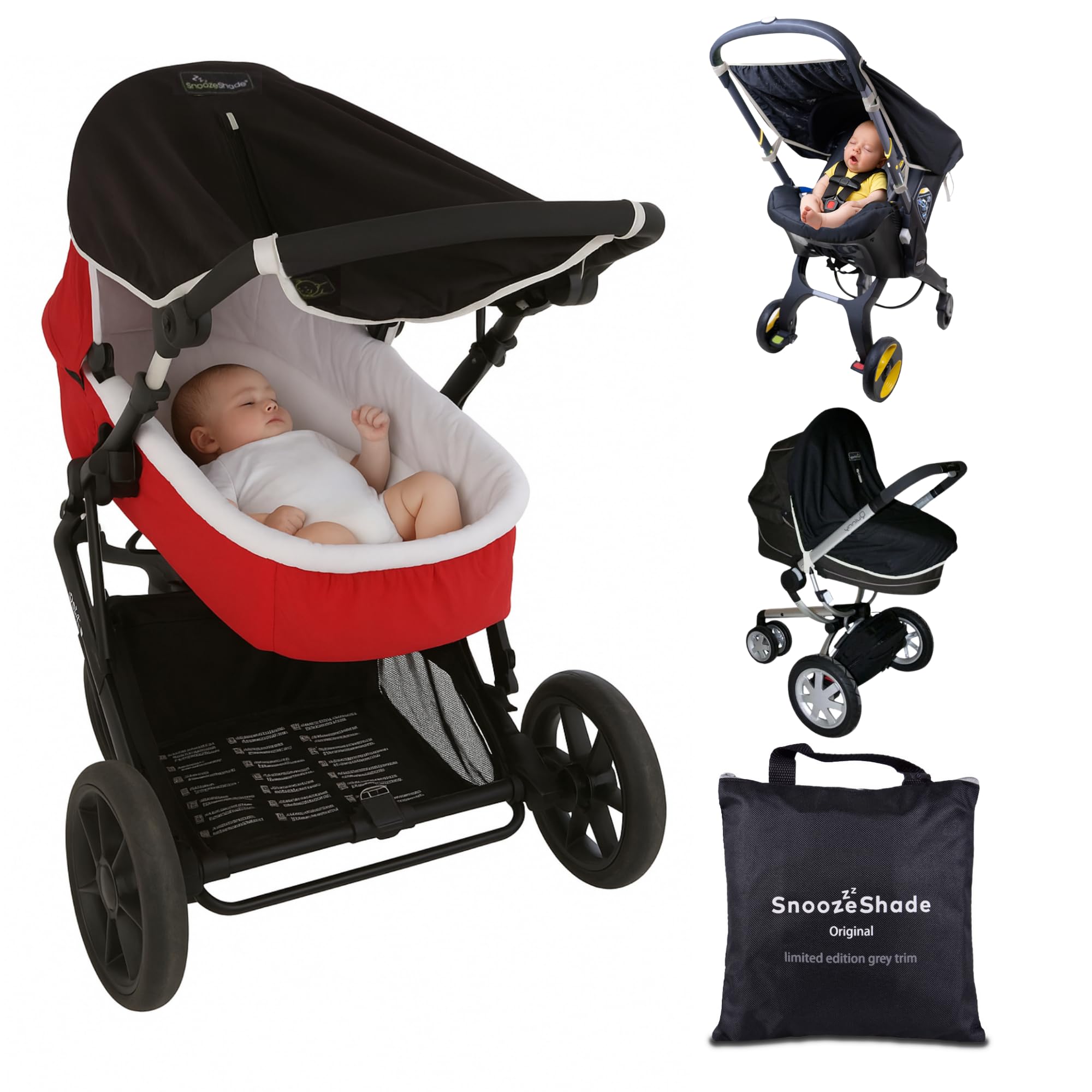 SnoozeShade Universal fit pram and Buggy Sun Shade (0-6m) | Blackout Blind for prams/carrycots | Sun Cover for pram Blocks 99% of UV | Pushchair Blackout Blind Helps Baby nap| Original | Grey Trim