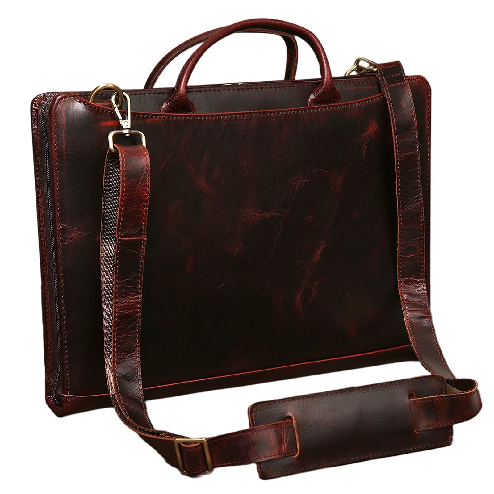 GZRHKJ Genuine Leather Padfolio Organizer，Professional Business Portfolio Padfolio with Strap，14×10.5 inch Customized Leather Padfolio with Handle-Reddish-Brown