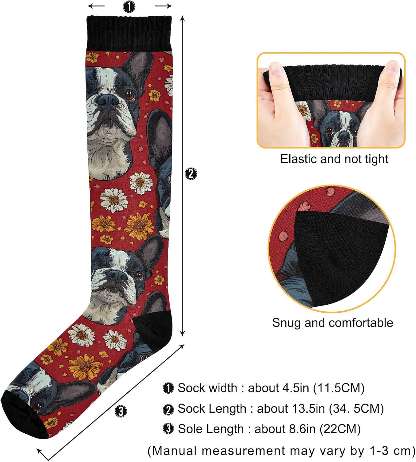 Boston Terrier Dog Daisy Women's Compression Socks for Women Men Knee High Socks Long Circulation for Athletic Running
