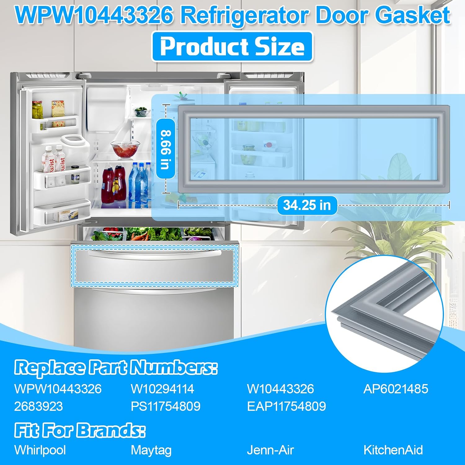 Upgraded WPW10443326 Freezer Door Gasket Compatible with Whirlpool Refrigerator Door Seal W10294114 W10443326 Refrigerator Pantry Drawer Gasket KFXS25RYWH2 KFXL25RYMS1 KitchenAid Refrigerator Seal