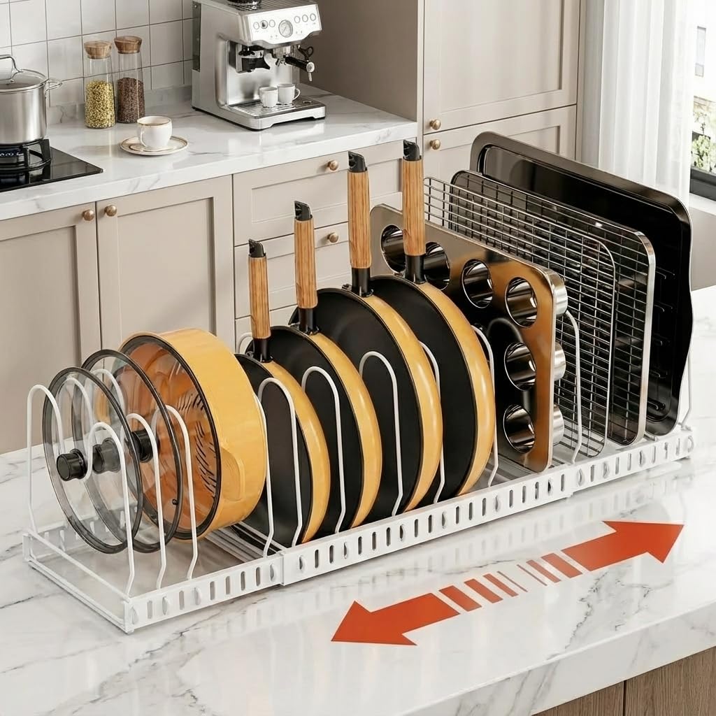 Organizador de ollas y sartenes expandible para armario, con soporte para tapa de olla, ideal para organizar ollas, sartenes, tapas debajo de armarios, color blanco