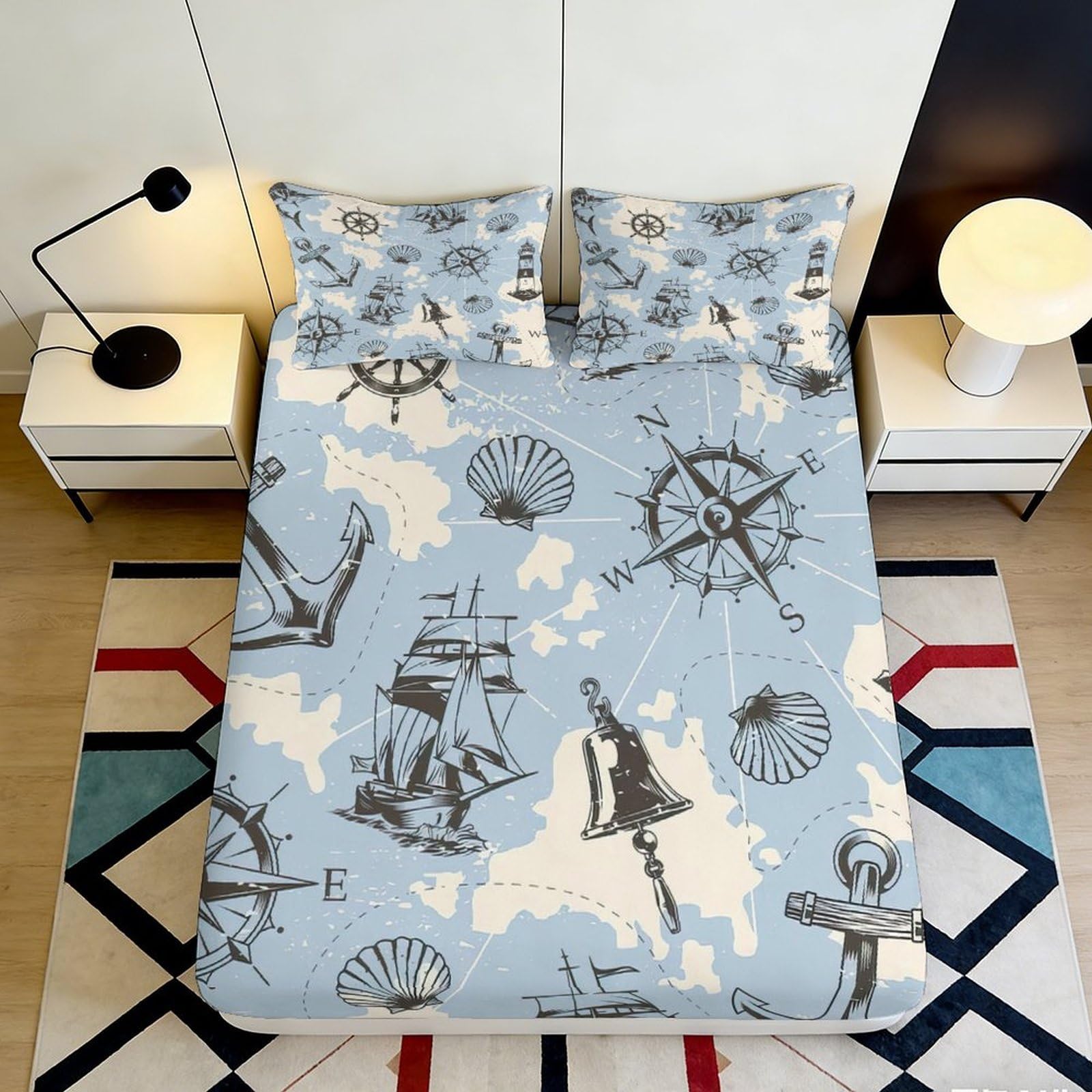 3D Printed Nautical Map Fitted Sheet Microfiber Soft Blue Maritime Anchor Ship Bed Cover for Bedroom Dorm Mattress Decor 160x200x25cm
