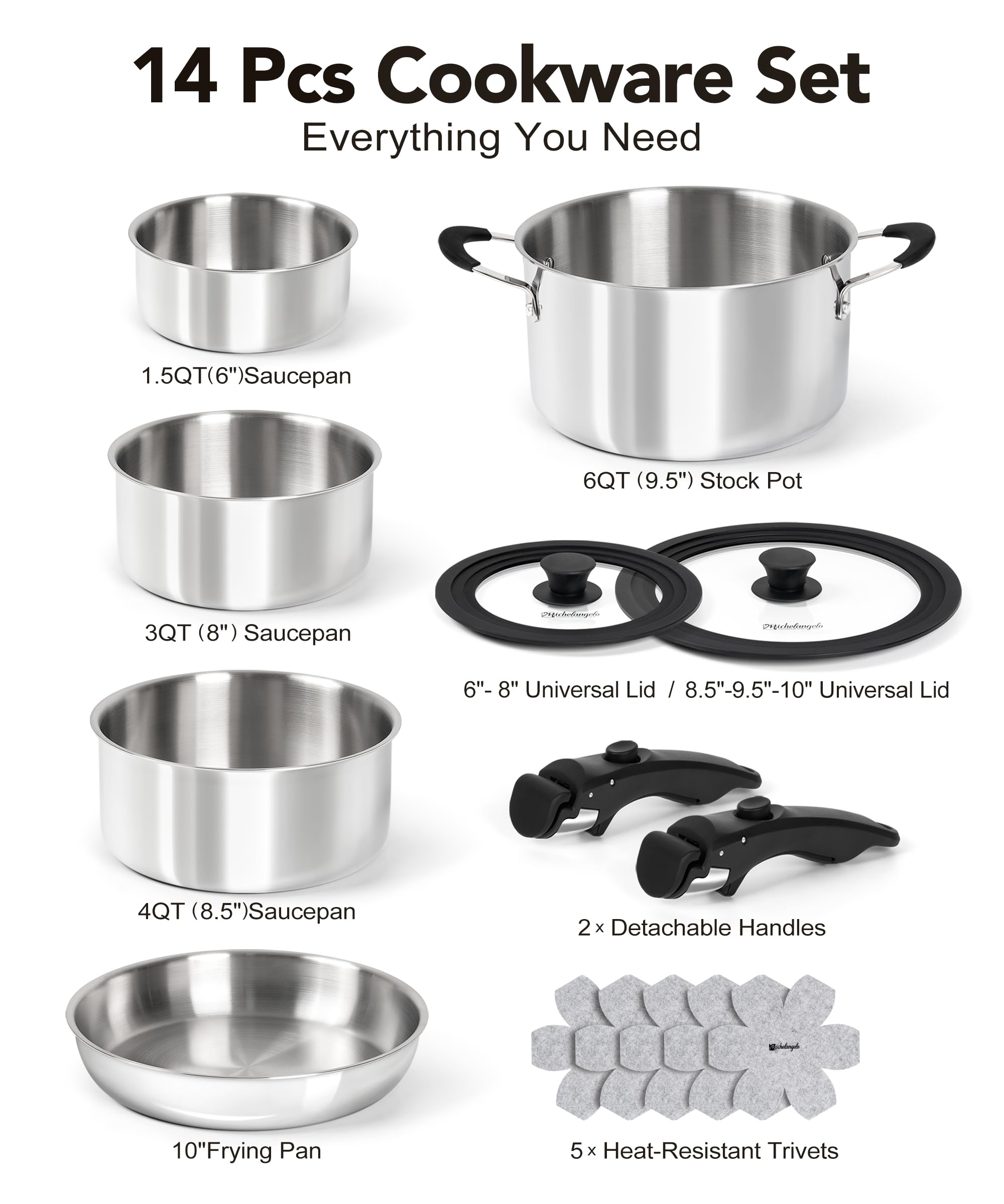 Michelangelo Juego de 14 utensilios de cocina de acero inoxidable de tres capas con mango desmontable, juego de utensilios de cocina de inducción, ollas y sartenes aptas para horno, utensilios de