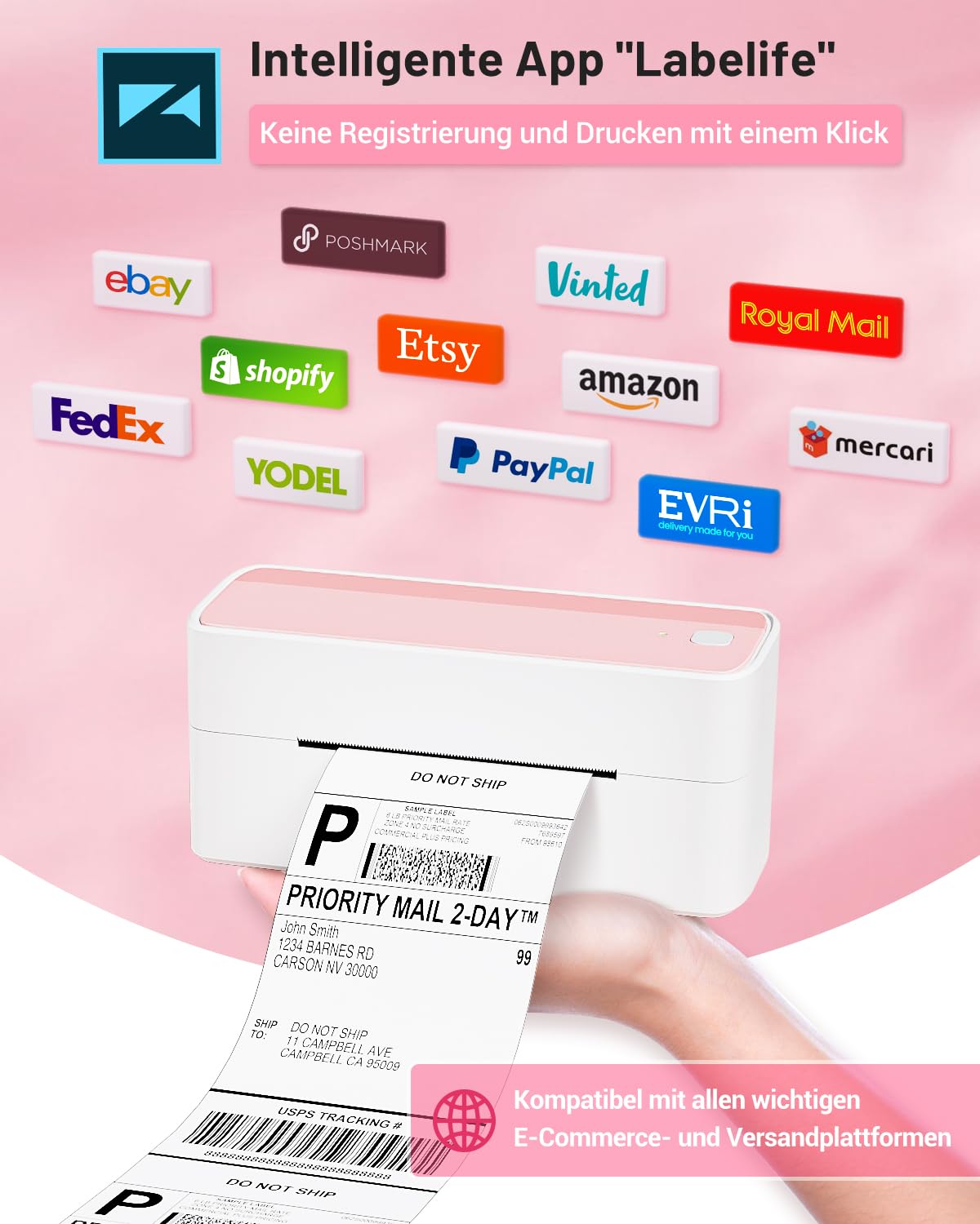 Phomemo DHL Etikettendrucker 4x6, Bluetooth Thermodrucker, Versandetiketten Drucker Label Printer, Kompatibel mit Amazon, Etsy, Shopify, DHL, UPS, FedEx, Royal Mail, USB & Bluetooth Verbindung - Rosa