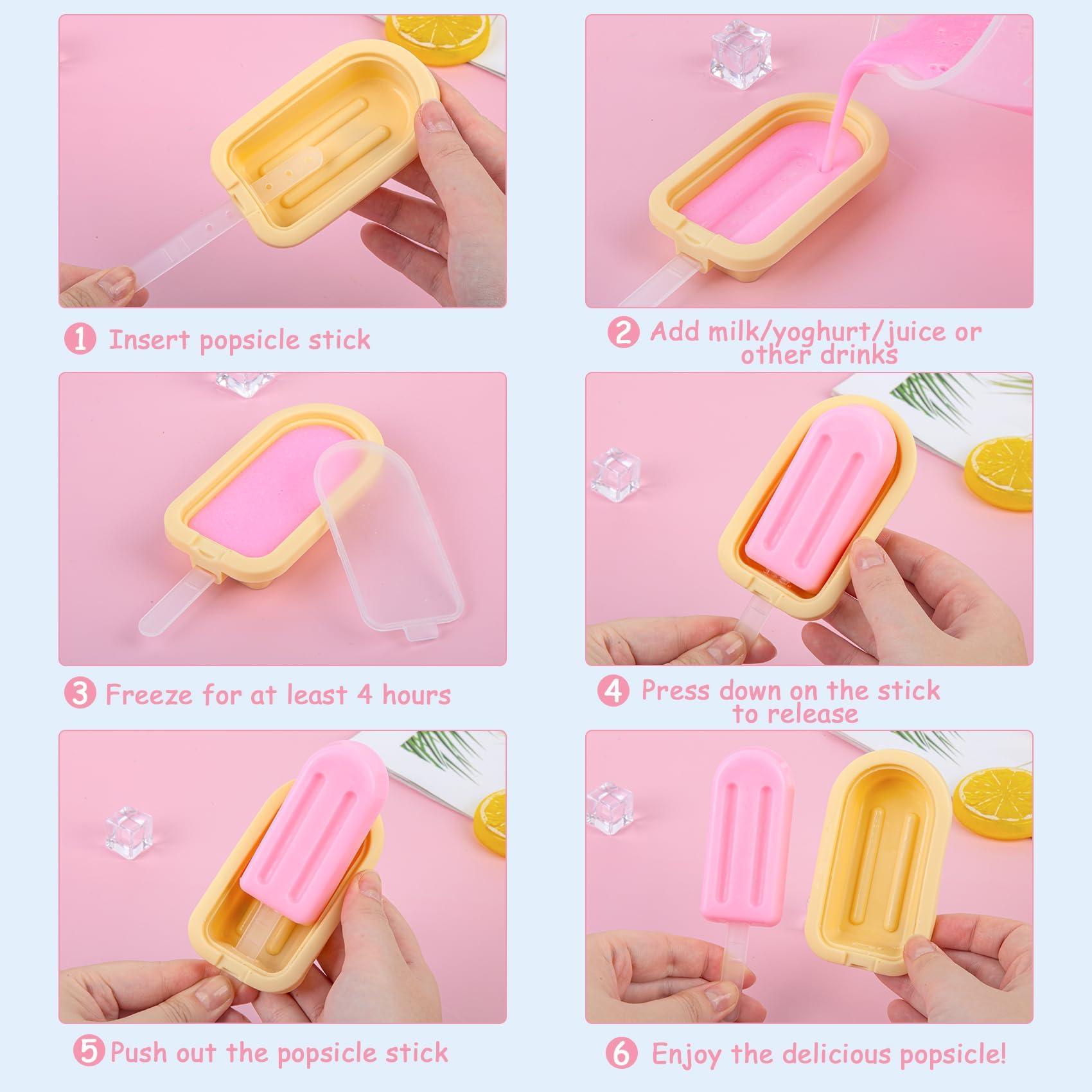 12 Pezzi Stampi per Ghiaccioli in Silicone,Riutilizzabile Ghiaccioli Stampo Rosa Verde Blu Giallo,Stampini per Gelato con Coperchi Senza BPA,Formine per Ghiaccioli