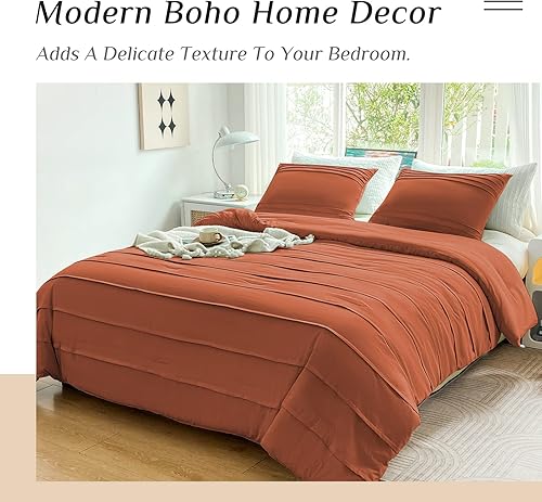 Miniatura 2 de Argstar Juego de edredón de 3 piezas color naranja quemado tamaño California King, edredón plisado con textura bohemia, edredones suaves de