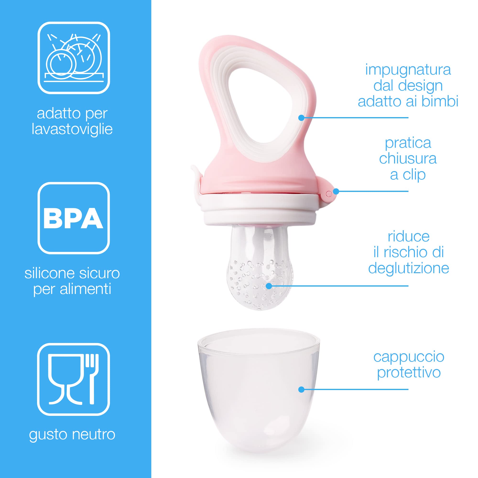 iFancy Anello di dentizione per neonati e bambini + 3 tettarelle in silicone in 3 misure + 1 spazzola per bambini | Per neonati | Per frutta e verdura | Rosa/Bianco