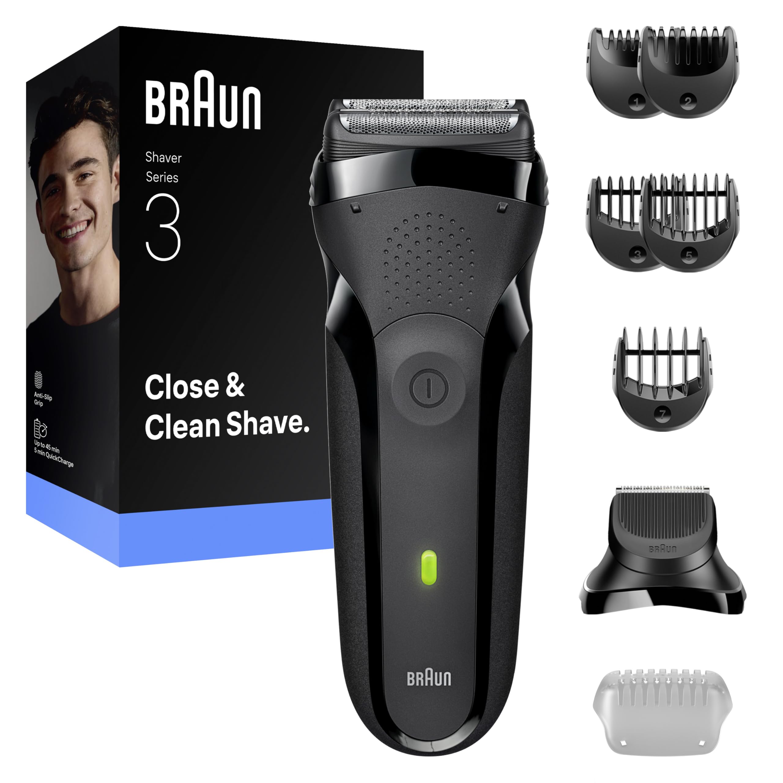 Braun Rasoio Elettrico Serie 3, 3 Lame Flessibili, Accessorio Per Regolabarba + 5 Pettini, Rasoio A Secco Da Uomo, Progettato In Germania, 300BT, Grigio - 4
