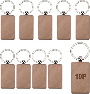 Blank Wooden Key Chain 10 Pieces,Rectangle Wood Blanks for Key Chains, Wood Engraving Blanks for DIY Gift CraftsBlanks Unfinished Wooden Key Ring Key Tag for DIY Gift Crafts