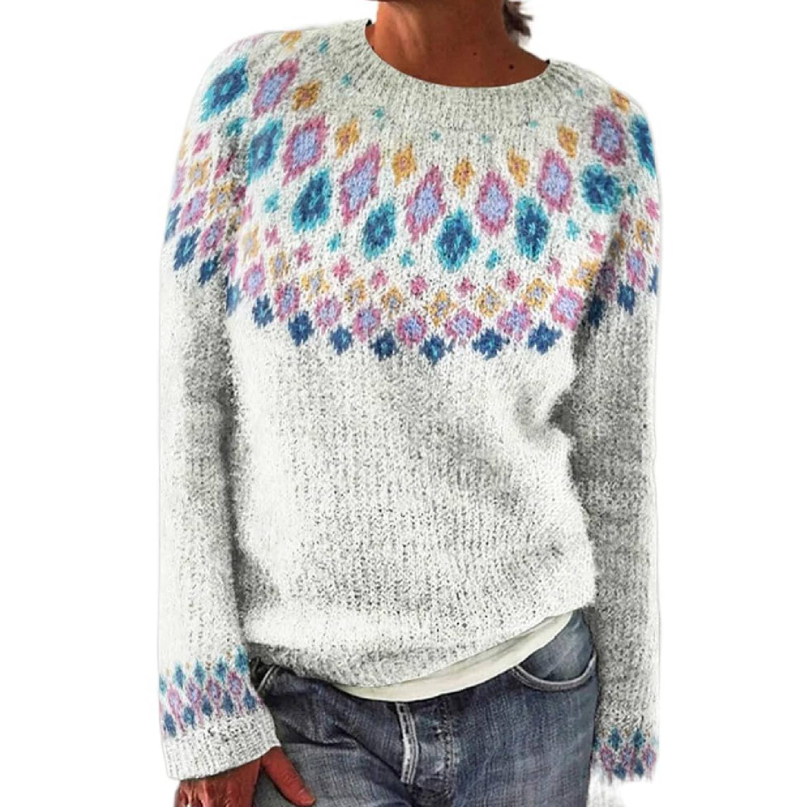 Maglione Donna Boho Chic Autunno/Inverno 2025 - Top Girocollo A Blocchi Di Colore, Manica Lunga, Morbido - 2