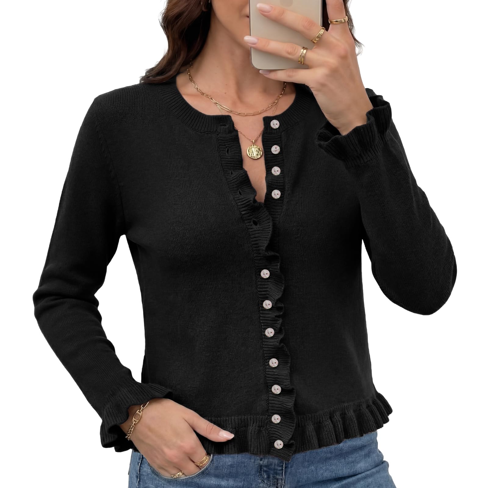 Womens Cropped Cardigan Sweaters Ruffle Hem Crew Neck Button Down Sweater Cute Long Sleeve Cropped Knit Tops