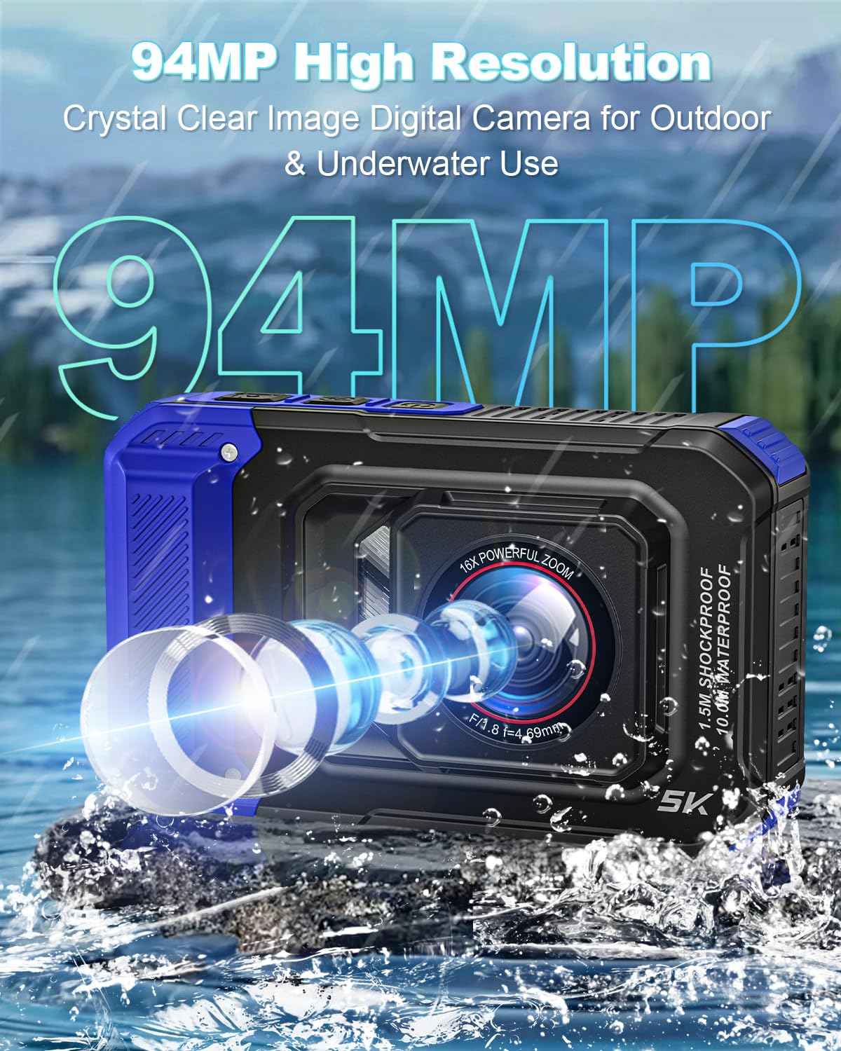 Fotocamera Subacquea, Fotocamera Digitale 5K 96MP Impermeabile 10 Metri Autofocus WiFi con Scheda 32GB, Doppio Schermo per Selfie, Fotocamera Subacquea Galleggiabile 16X per Snorkeling