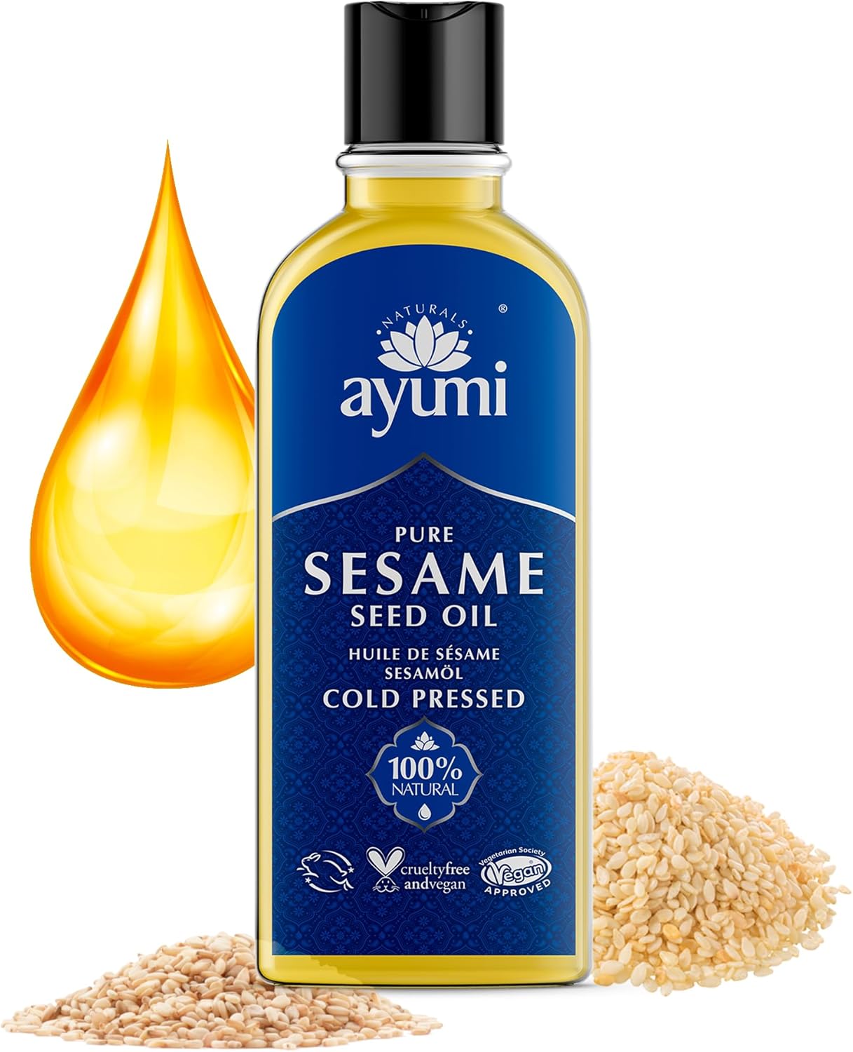 Ayumi Pure Sesame Oil with Omega 3 & 6 | Hair Oil for Dry Damaged Hair Care | Dry Skin Body Oil with Vitamin E | Cold Pressed Face Oil to Combat Acne | Hair Loss Treatment for Women & Men | 150ml