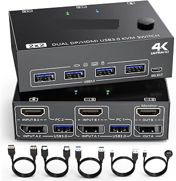 Video Switcher, KCEVE DP USB 3.0 Dual Monitors Displayport KVM Switch,Supports For 2 Computers Share Keyboard Mouse And Monitor
