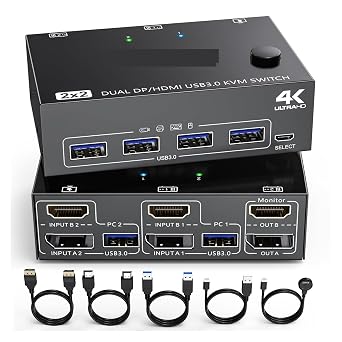 KCEVE DP USB 3.0 Dual Monitors Displayport KVM Switch,Supports For 2 Computers Share Keyboard Mouse And Monitor High Refresh Rate