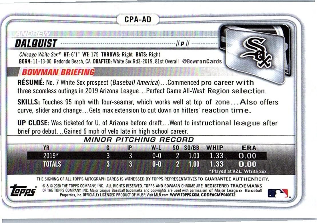 Andrew Dalquist 1st Bowman Chrome On Card Autographed Chrome Propect Collectible Baseball Card - 2020 Bowman Chrome Baseball Card #CPA-AD (White Sox)