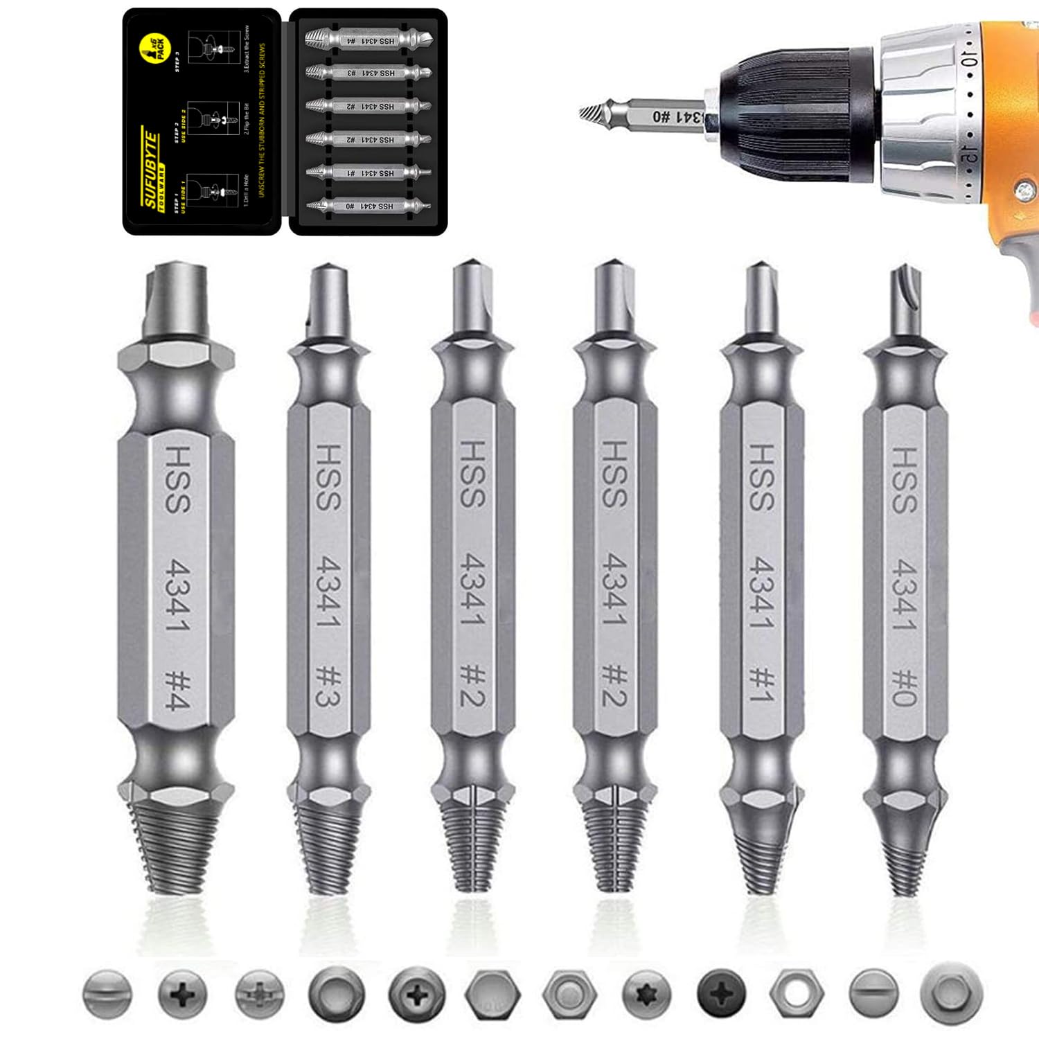 6 Pcs Estrattori Viti Danneggiate, Estrattore Viti Spanate, Dispositivo Di Rimozione Bullone Rotto In Acciaio H.S.S 4341# per Danneggiati/Spellati