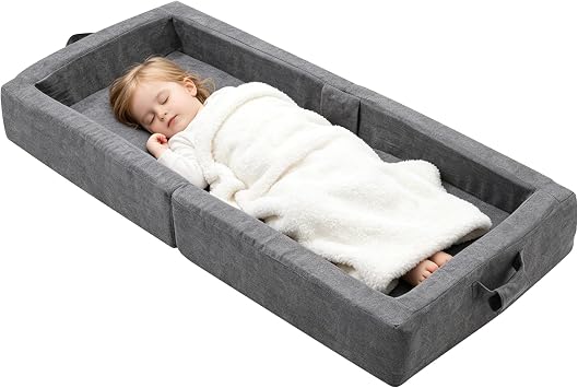 Umoving Portable Toddler Travel Bed, Foldable Foam Floor Bed, Gray | Toddler Travel Bed with Washable Cover, Built-in Safety Rails, No Assembly Kid Crib for Travel & Home Use