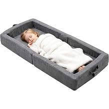 Umoving Portable Toddler Travel Bed, Foldable Foam Floor Bed with Washable Cover, Built-in Safety Rails, No Assembly Kid Crib for Travel & Home Use, Gray