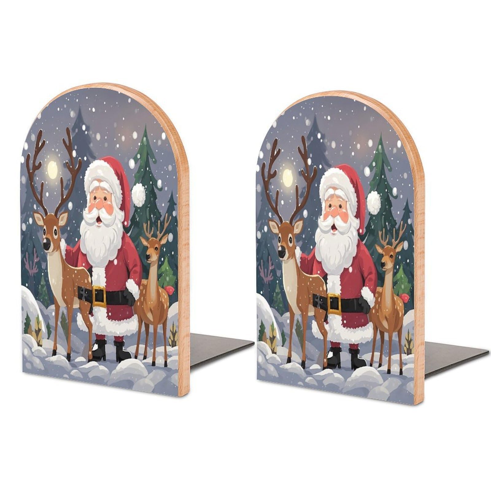 Santa Claus and Deer Elk Book Ends Wood Non-Skid Bookend for Shelves Heavy Duty Bookends with Metal Base Decorative Books Stopper Desk Organizers Book Dividers for Office Home 1 Pair