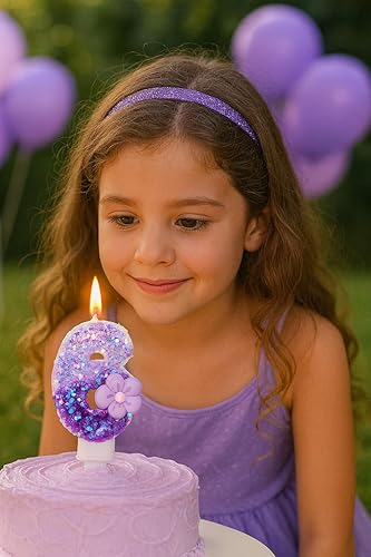 Miniatura 3 de Velas número 6, velas de cumpleaños con número de flor morada para pastel, velas de números morados que crean un ambiente romántico y cálido