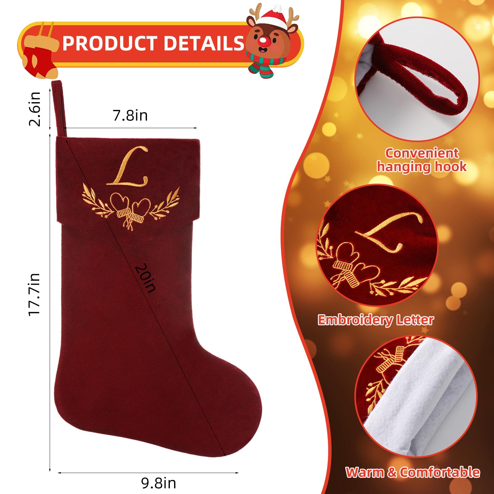 Shgngle Personalized Velvet Christmas Stockings,19.5 Inches Initial Monogram Christmas Stocking,Embroidered Letter Fireplace Hanging Stockings for Party Decoration and Xmas Gift-red K
