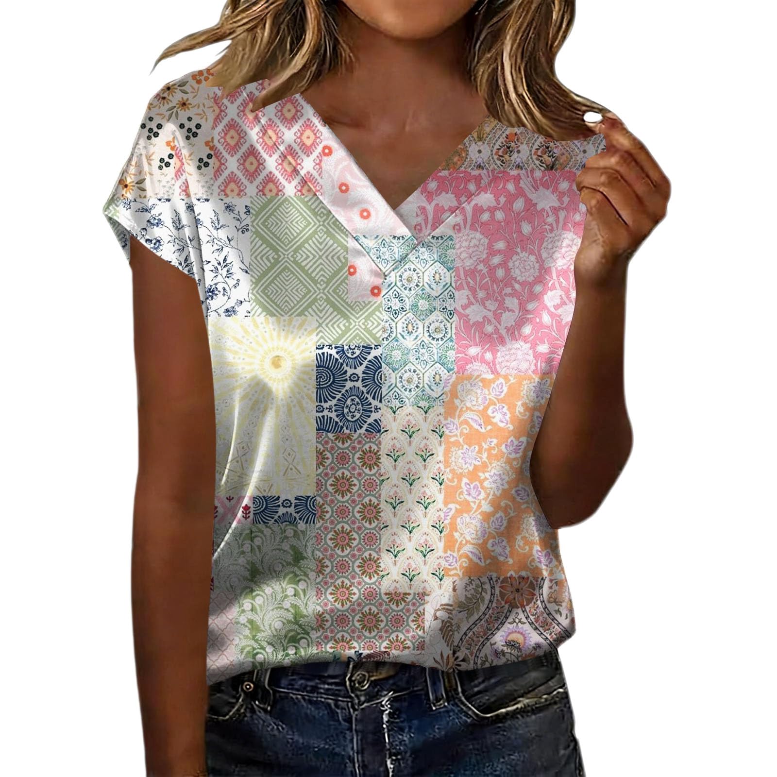 Leaomuny Camicia Donna Elegante Manica Corta,Camicie Raso Scollo a V Cerimonia,Curvy Blusa Estiva Oversize Eleganti Fantasia,Camicetta Slim Fit Leggera Vintage,Maglietta Casual Lavoro Ufficio T Shirt