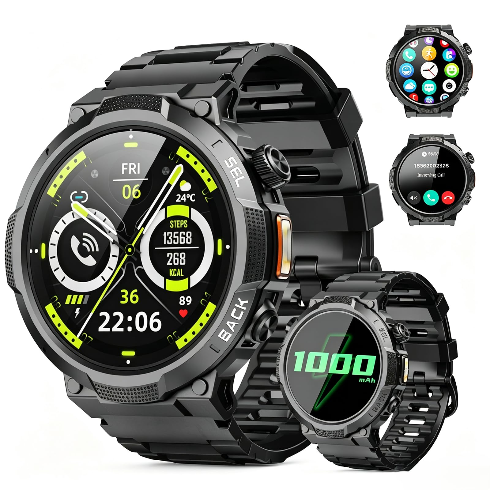 Smartwatch Uomo Militare, Orologio Smartwatch 1.53" con Chiamate Bluetooth, 100+ Modalità Sportive, Batteria 1000 mAh, Monitoraggio Sonno e Cardiofrequenzimetro, Torcia e Bussola per IOS/Android