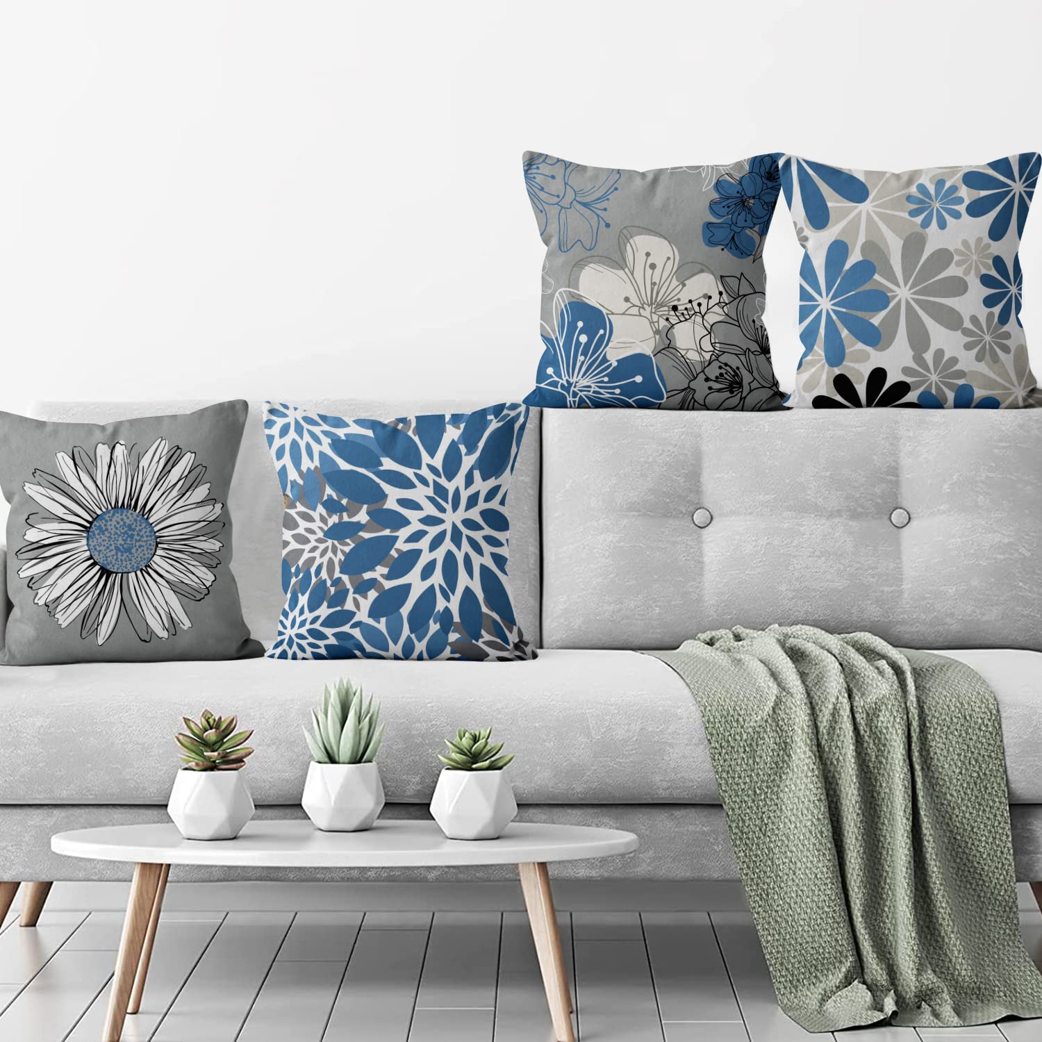 Set 4 Federe Cuscino Decorative 50x50 Cm Con Ortensie Blu E Scritte | Cuscini Per Divano In Cotone E Lino, FJ FZ - 2