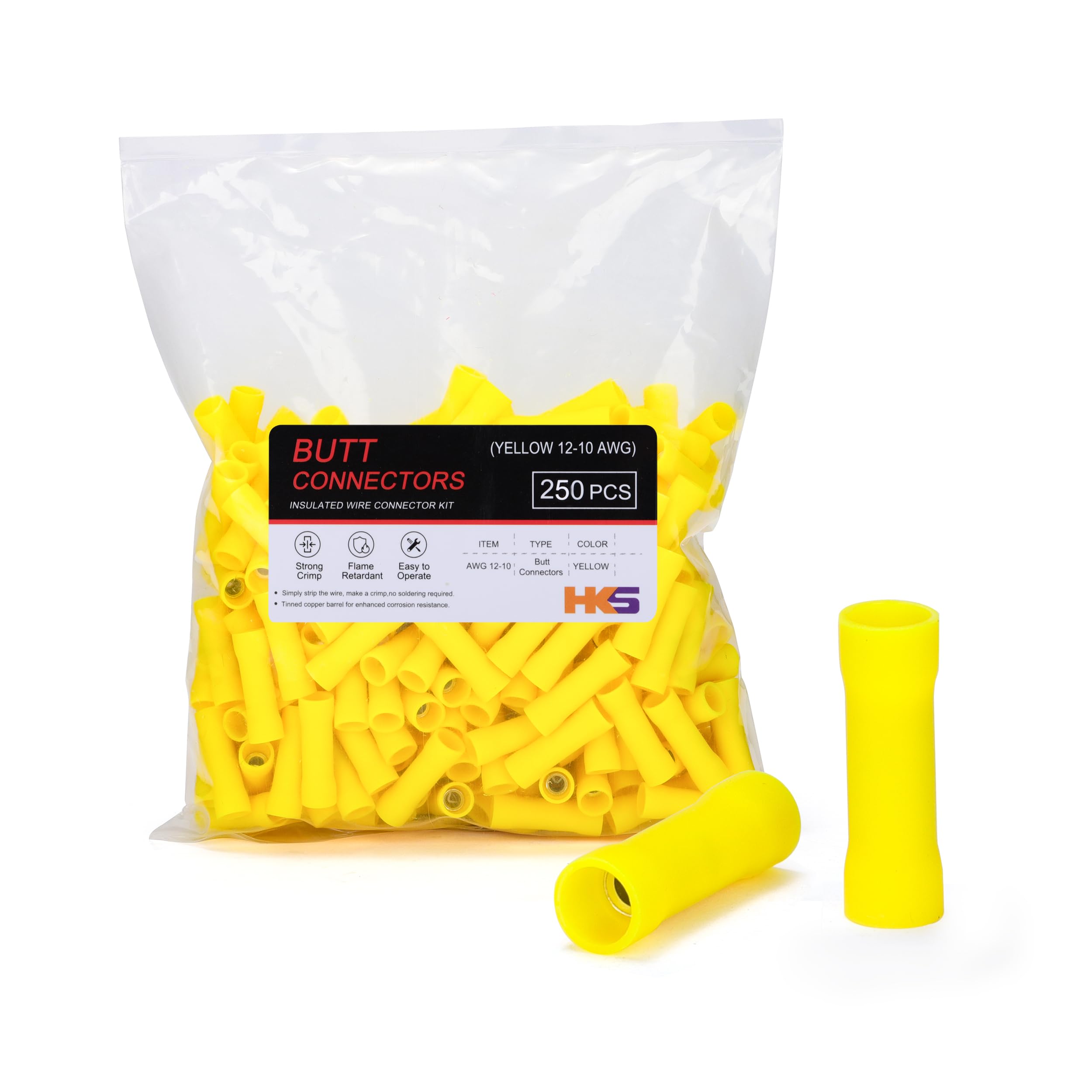 HKS 250 PCS Vinyl Insulated Butt Connector Yellow 12-10 AWG - Electrical Connectors - Tinned Red Copper 1.0mm - Automotive Crimp Insulated