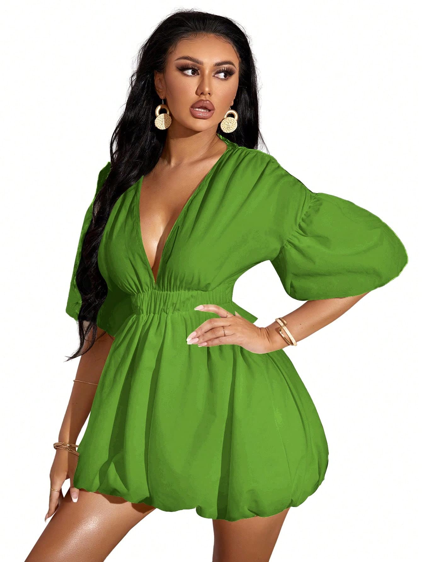 WDIRARA Women's Deep V Neck Puff Sleeve High Rise Flare Dress Elastic Waist Dress