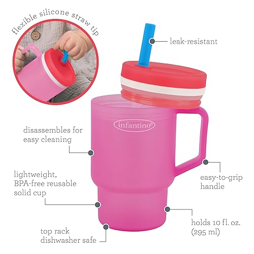 Miniatura 5 de Infantino My 1st Tumbler, vaso de plástico duradero con popote y asa, resistente a derrames, para bebé, transición sin BPA, crema de frambuesa