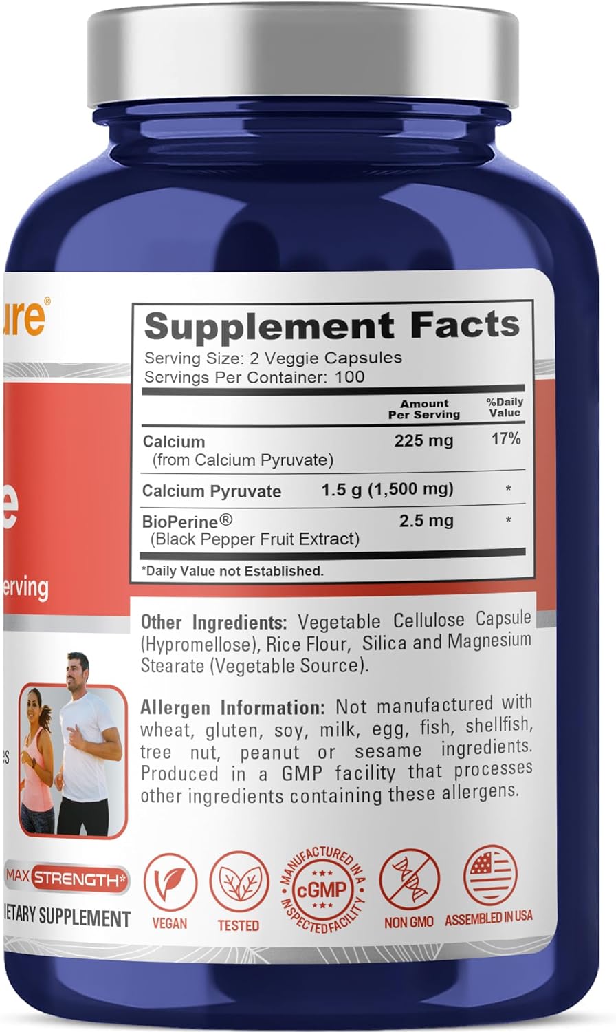 NusaPure Calcium Pyruvate - Suitable for Vegetarian/Vegan, Non - GMO - 1500 mg - 200 Capsules
