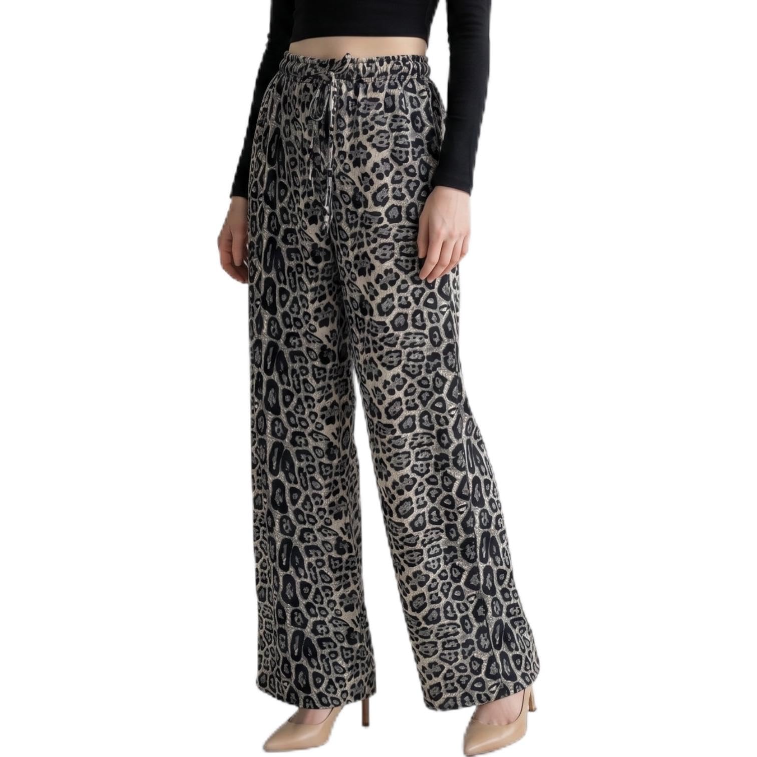 Women's Leopard Print Wide Leg Palazzo Pants Trousers | Elastic Waistaband with Drawstrings | Wide Leg | Casual, Loungewear | Grey | Free Size-picture-45