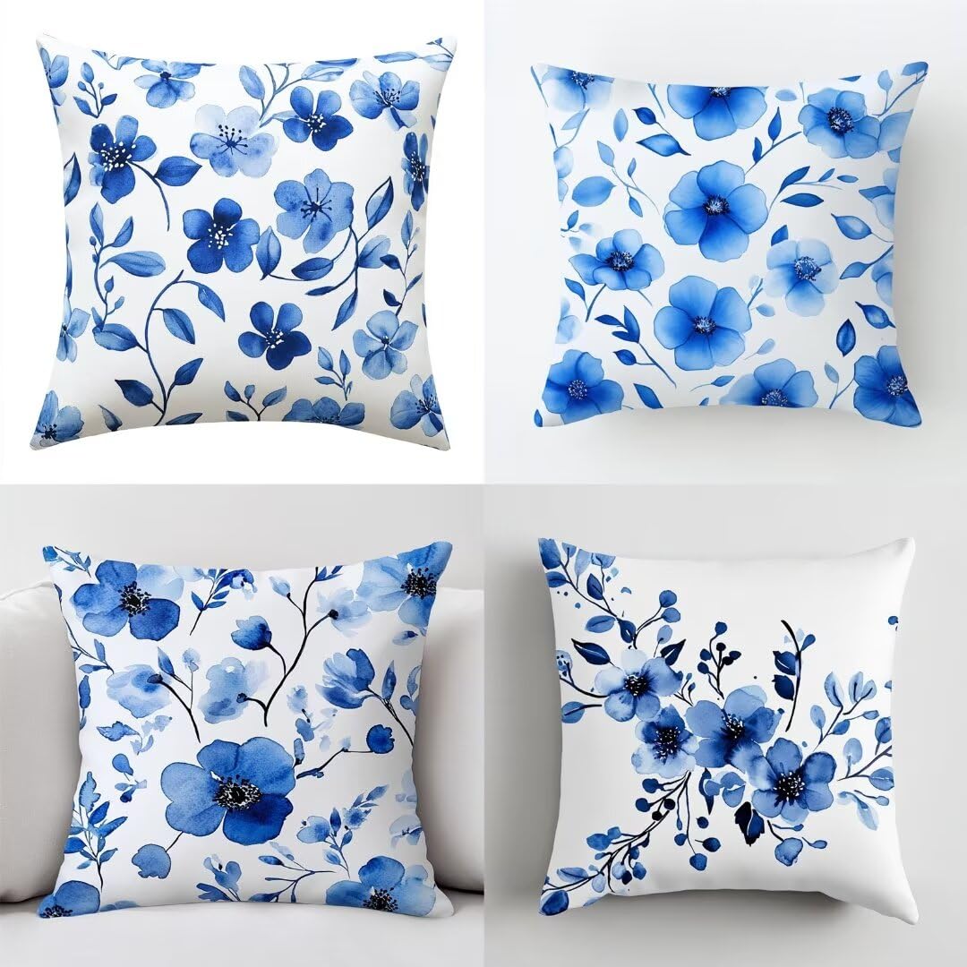 Lot de 4 housses de coussins en lin 50x50 cm aux motifs de fleurs bleues