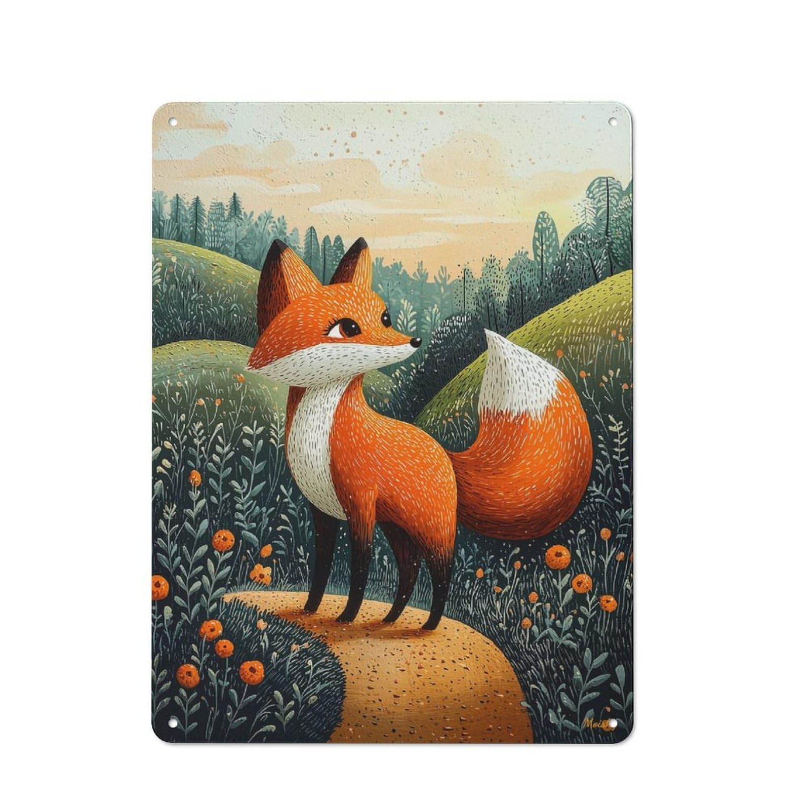 Junmoney Curious Fox In The Meadow – Naïf Whimsical Wi Tin Wall Plaque 40X30cm With Ldlife Art For Pub Or Café, With Clear Vintage Wall Decor Character