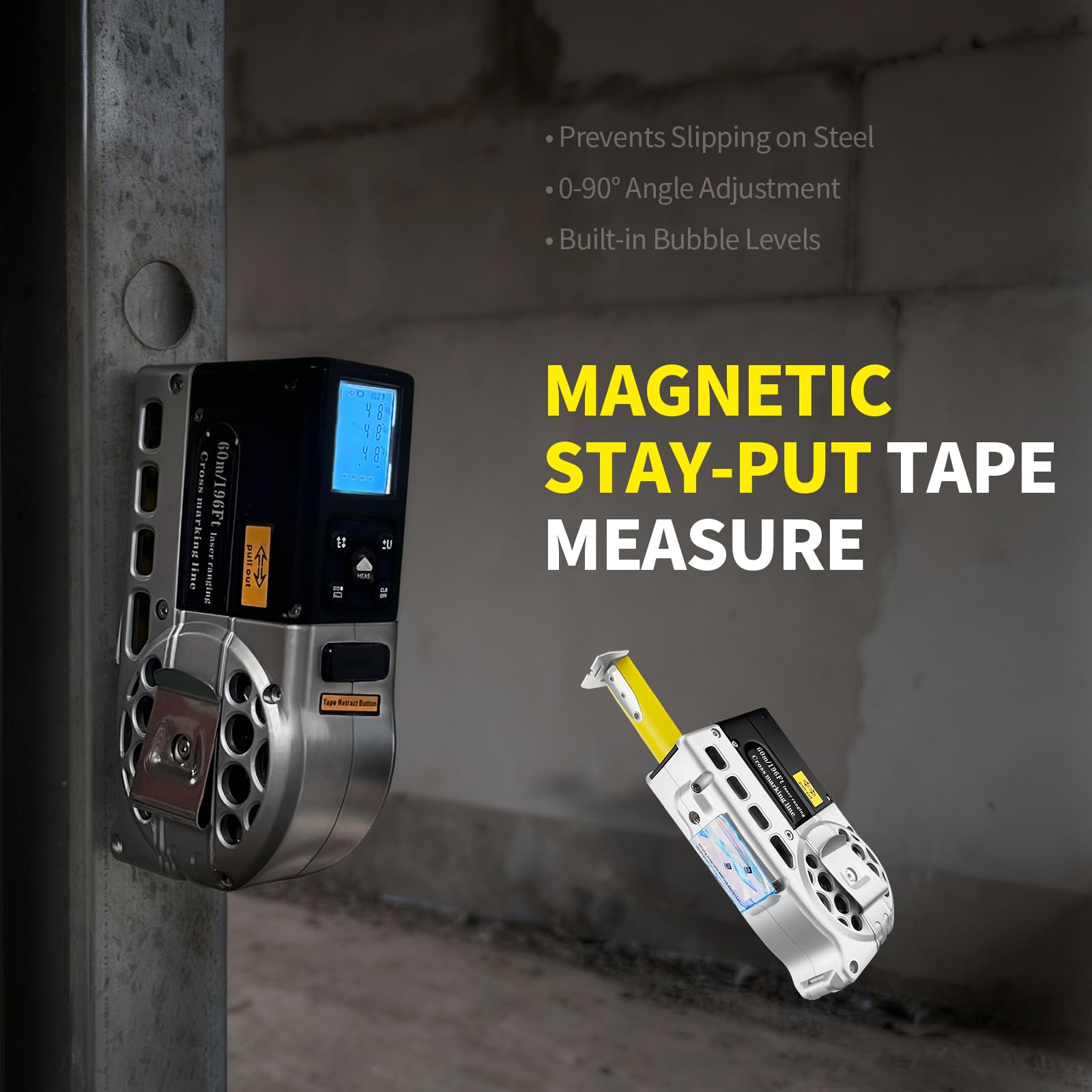 Cinta métrica láser digital 2 en 1 | Medidor de distancia láser de 40 m en pantalla LCD retroiluminada con cinta métrica AutoLock de 16 pies | Pies/pulgada/Fracciones/M/mm