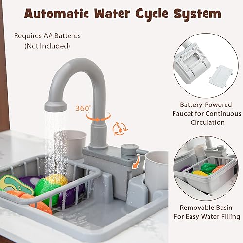 Miniatura 3 de INFANS Juego de cocina para niños de esquina, juego de juguetes de cocina de madera con luz de circulación de agua corriente, estufa de sonido,