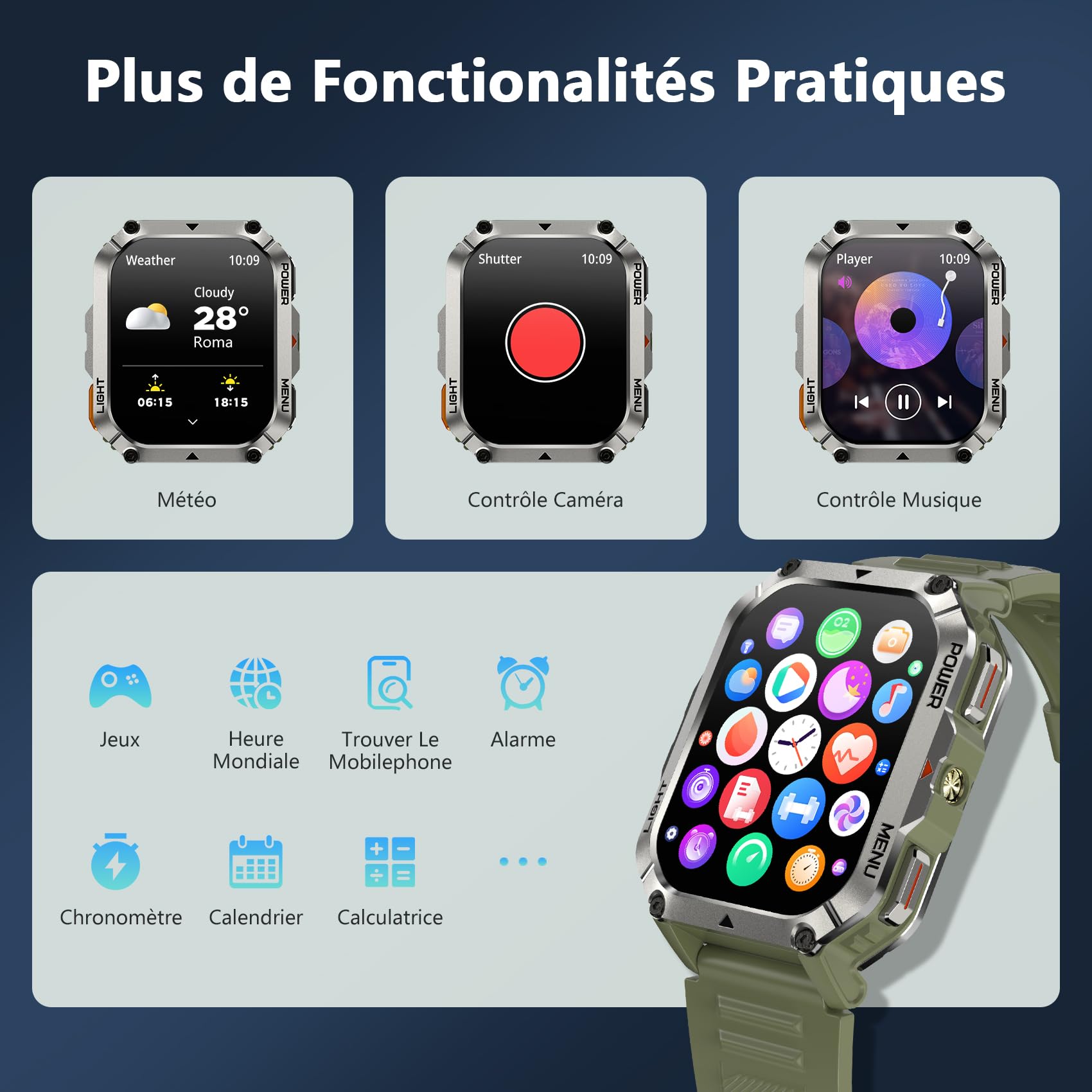 Blackview Montre Connectée Homme Femme, Illumination,Boussole,Batterie 900 mAh, Écran Tacile, Appel Bluetooth, Cardiofréquence, Analyse Sommeil, 100+ Modes Sport,pour Android/iOS (Verte)