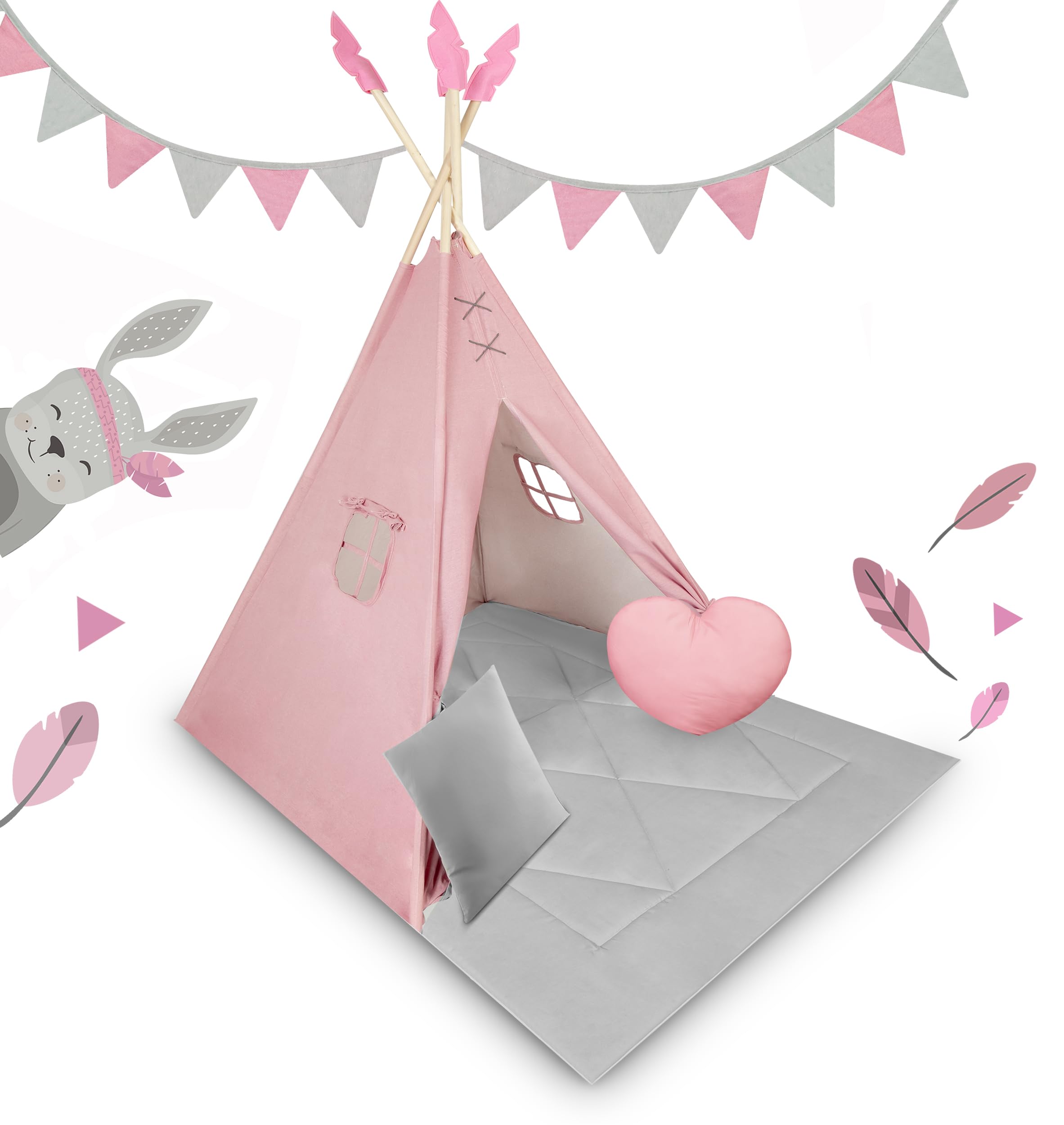 Nukido namiot dla dzieci tipi teepee wigwam z girlandą, poduszkami, dużą matą i stabilizatorem różowo-szary