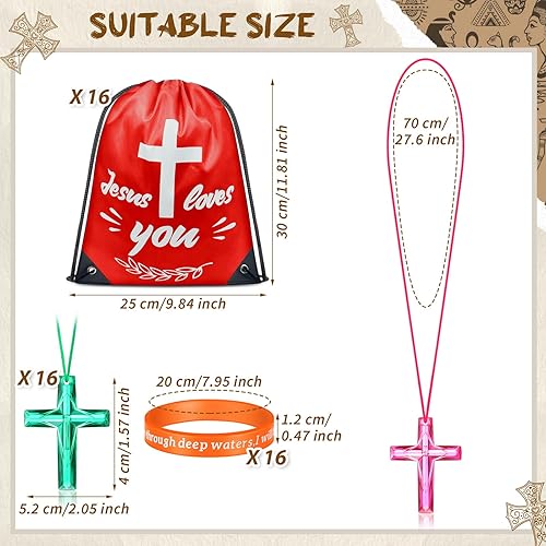 Miniatura 2 de yasuwekik 48 piezas de recuerdos de fiesta con versículos de la Biblia, incluye 16 mochilas con cordón de Jesús te ama, 16 pulseras de versículos de