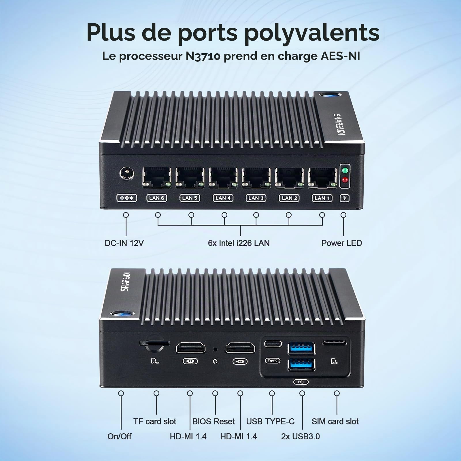 Fanless Firewall Mini PC Intel N3710 4C/4T 6X Intel i226 LAN, Network Gateway Soft Router, Test with PF-Sense/OPN-Sense AES NI HD/Type-C/SIM/TF/Wi-FI (8G RAM 240G SSD)