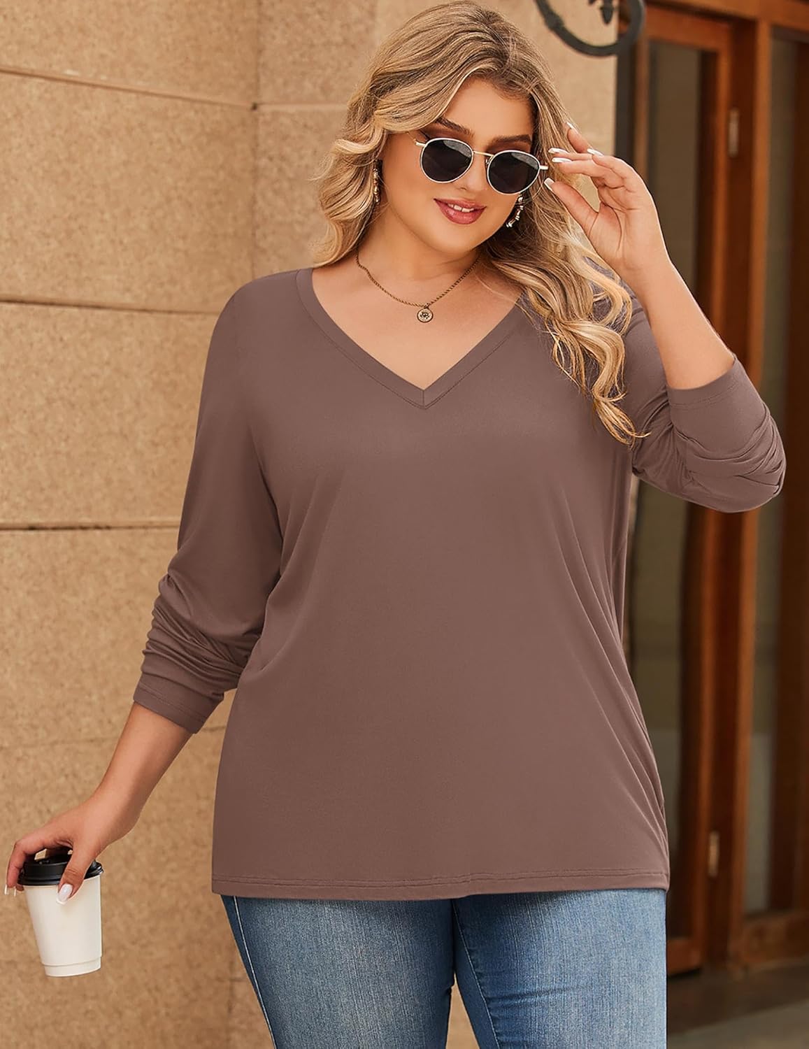 IN'VOLAND Womens Plus Size Long Sleeve Shirts V Neck Basic Tee Tops Loose Fit Fall Outfits for Women 1X-5X - Image 3