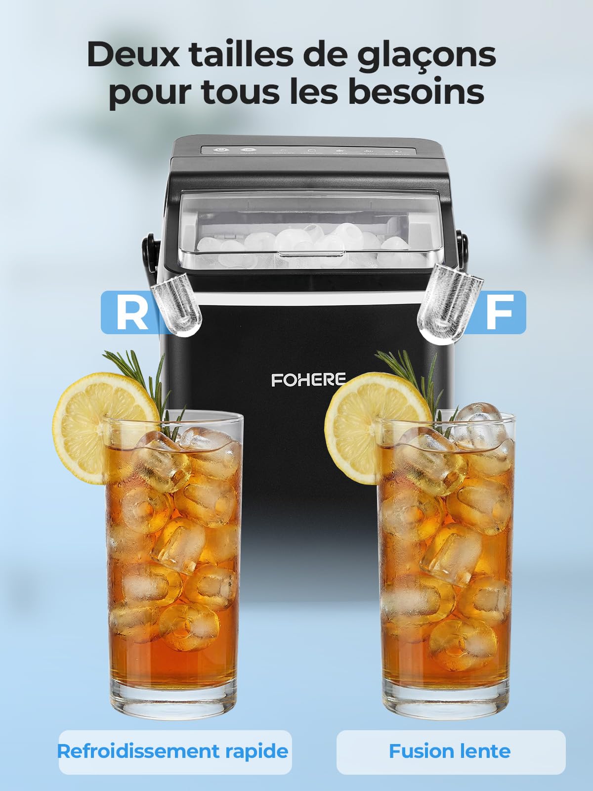 FOHERE Machine à Glaçons avec Poignée Portable, 14kg/24h, 9 Glaçons Bullet en 5 Minutes, 2 Tailles, Auto-Nettoyante, avec Cuillère & Panier – Idéale pour Maison Cuisine Bureau Camping Caravane