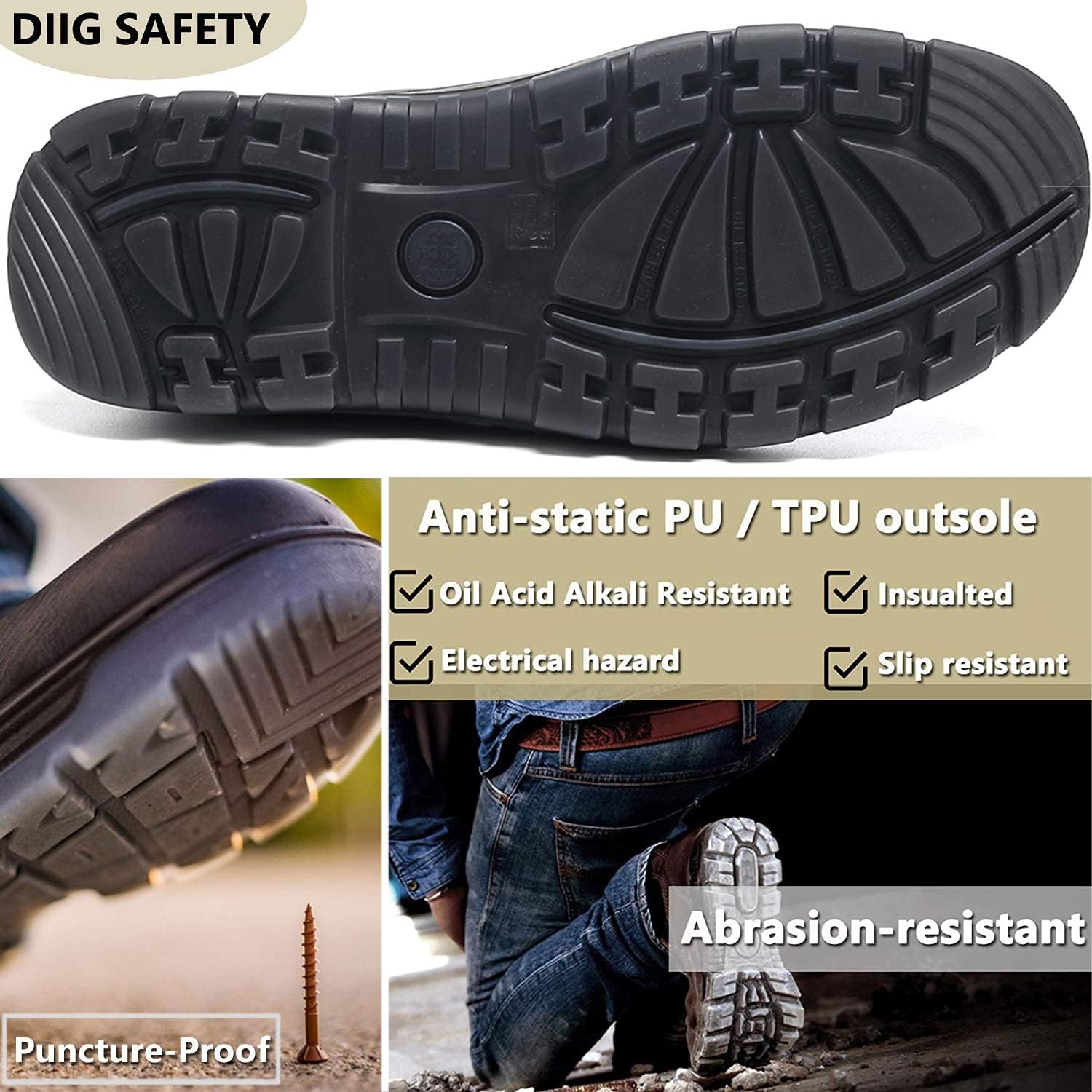 DIIG Work Boots for Men, Steel/Soft Toe Waterproof Working Boots, Slip Resistant Anti-Static Slip-on Safety Working Shoes - Image 5